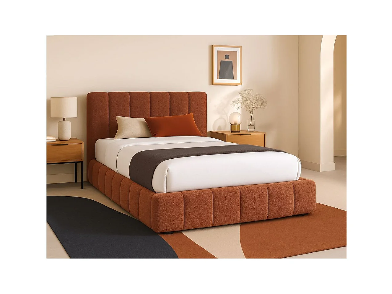 Cadre de lit BULLE rembourré avec coffre en tissu bouclette terracotta - couchage 180x200cm