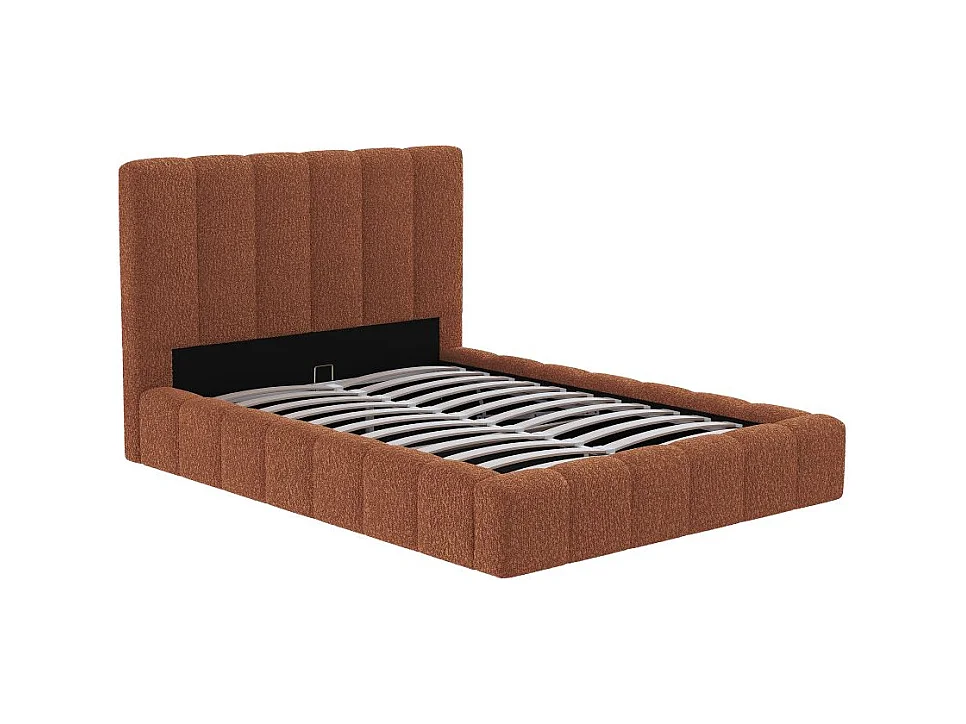 Cadre de lit BULLE rembourré avec coffre en tissu bouclette terracotta - couchage 180x200cm