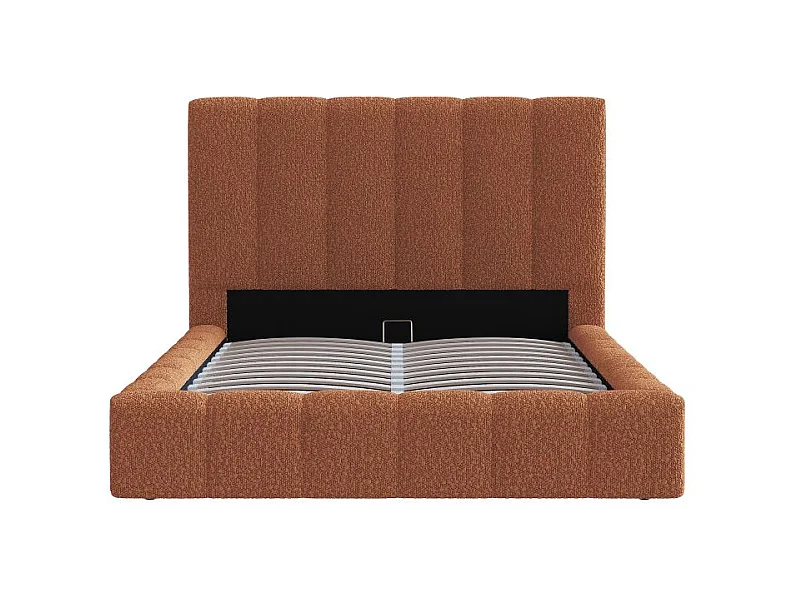 Cadre de lit BULLE rembourré avec coffre en tissu bouclette terracotta - couchage 180x200cm