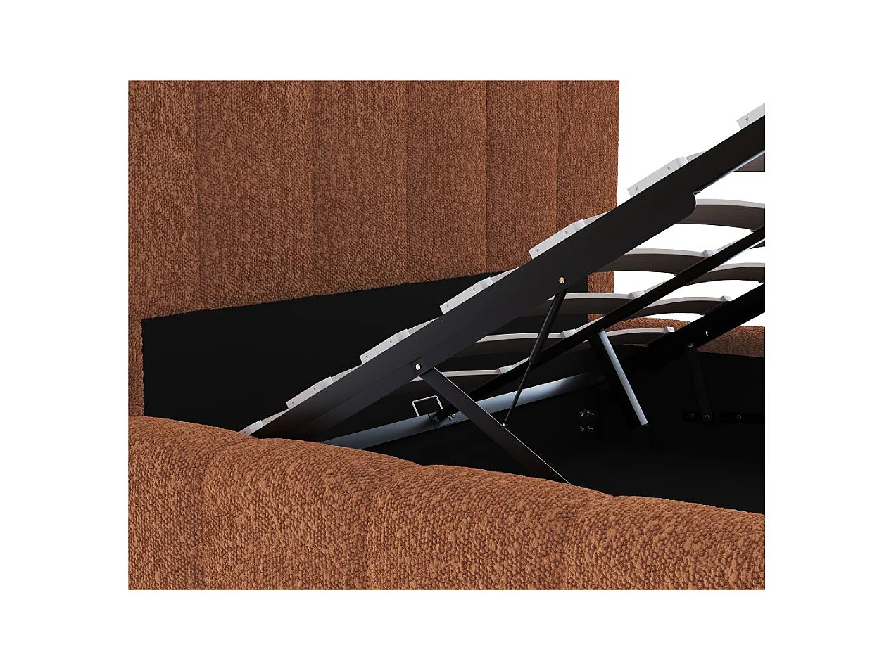 Cadre de lit BULLE rembourré avec coffre en tissu bouclette terracotta - couchage 180x200cm