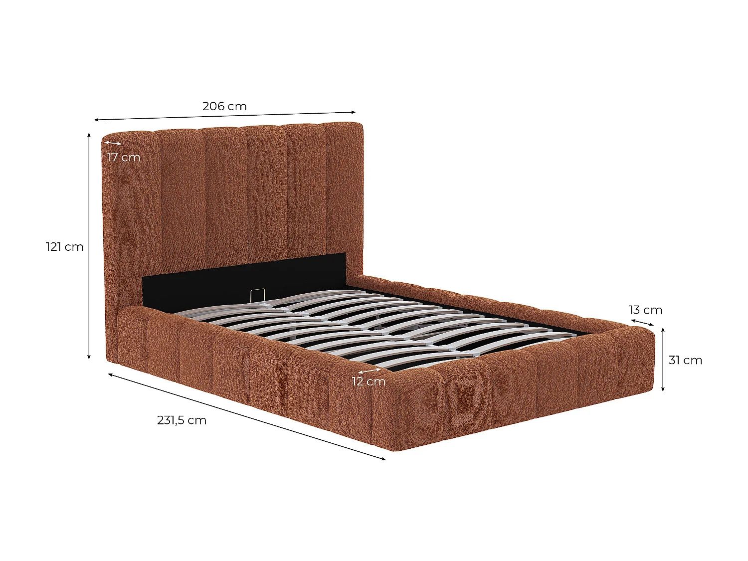 Cadre de lit BULLE rembourré avec coffre en tissu bouclette terracotta - couchage 180x200cm