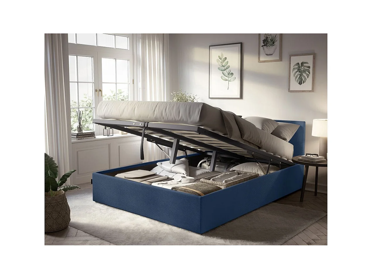 Cadre de lit EDGAR avec coffre de rangement et tête de lit en velours côtelé bleu foncé - couchage 180x200cm