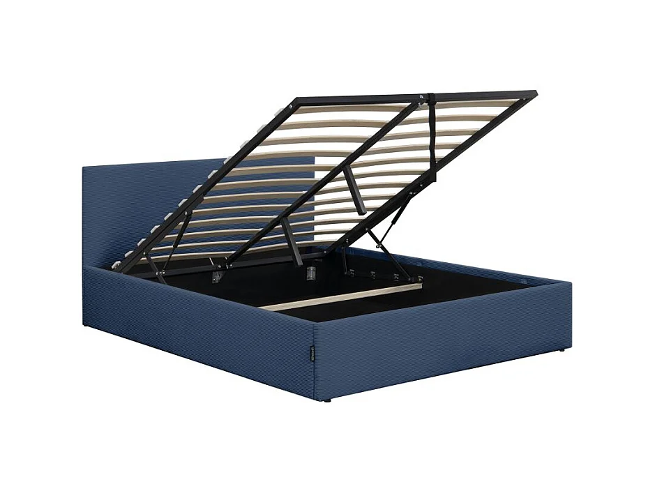 Cadre de lit EDGAR avec coffre de rangement et tête de lit en velours côtelé bleu foncé - couchage 180x200cm