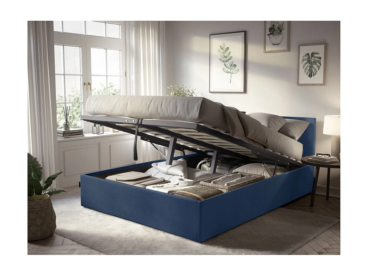 Cadre de lit EDGAR avec coffre de rangement et tête de lit en velours côtelé bleu foncé - couchage 180x200cm