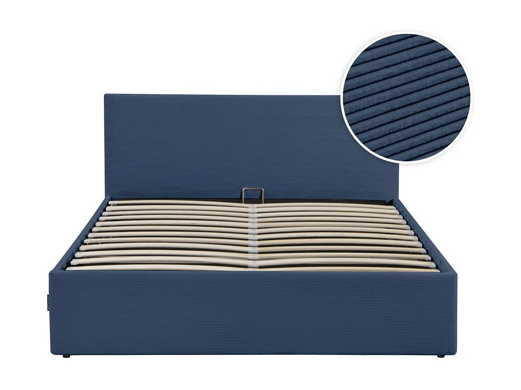 Cadre de lit EDGAR avec coffre de rangement et tête de lit en velours côtelé bleu foncé - couchage 180x200cm