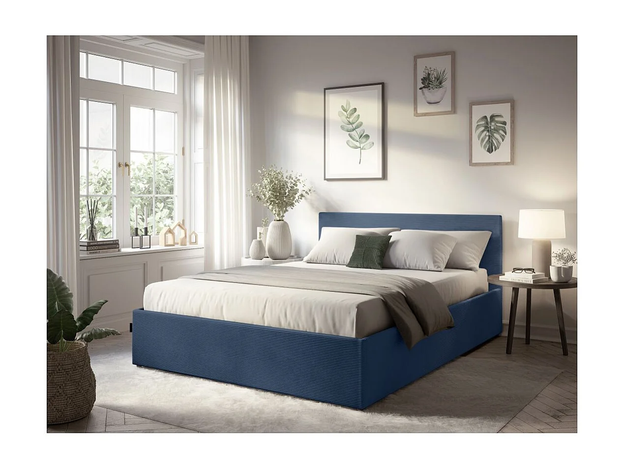 Cadre de lit EDGAR avec coffre de rangement et tête de lit en velours côtelé bleu foncé - couchage 180x200cm