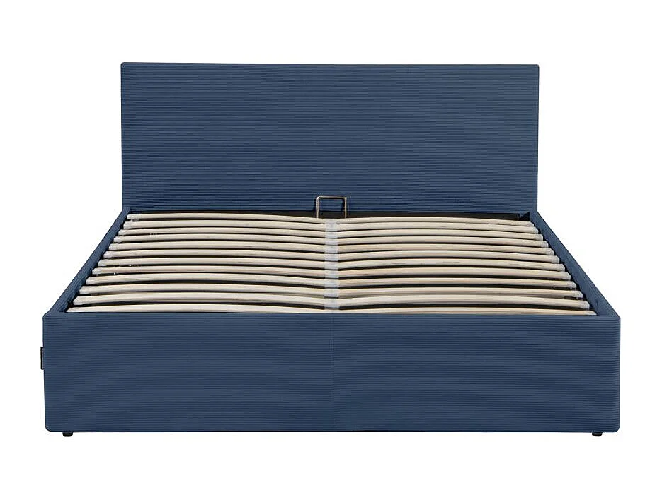 Cadre de lit EDGAR avec coffre de rangement et tête de lit en velours côtelé bleu foncé - couchage 180x200cm