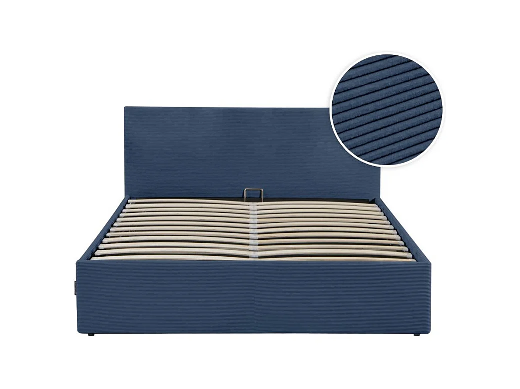 Cadre de lit EDGAR avec coffre de rangement et tête de lit en velours côtelé bleu foncé - couchage 160x200cm