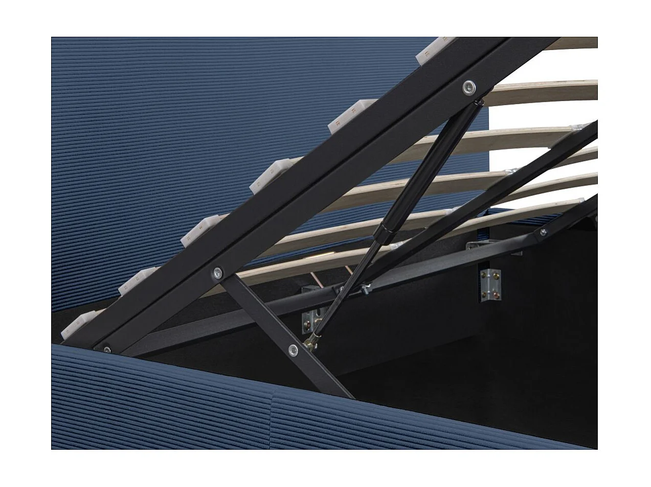 Cadre de lit EDGAR avec coffre de rangement et tête de lit en velours côtelé bleu foncé - couchage 160x200cm