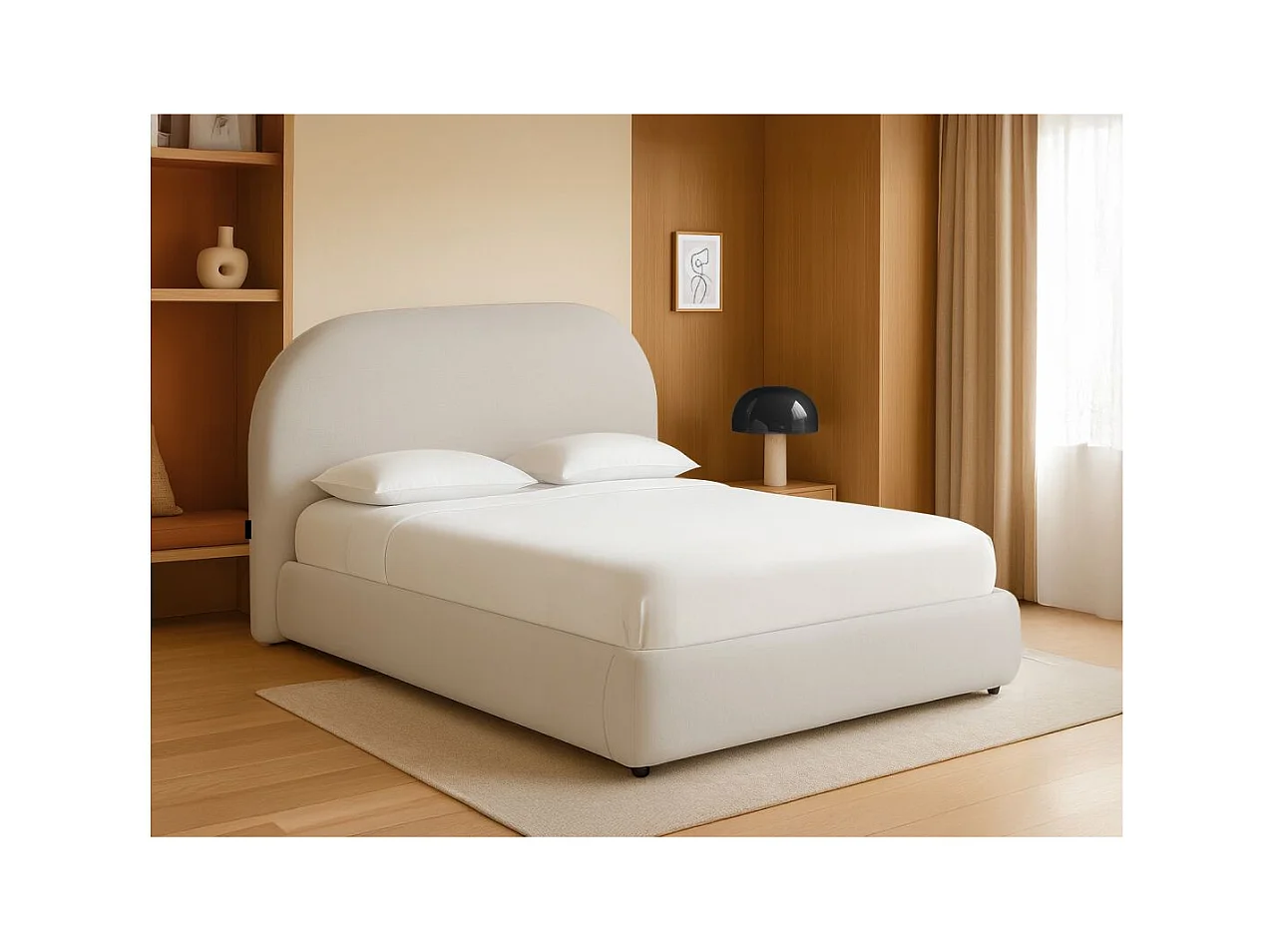 Cadre de lit ROLLY avec coffre en tissu blanc cassé - couchage 160x200cm