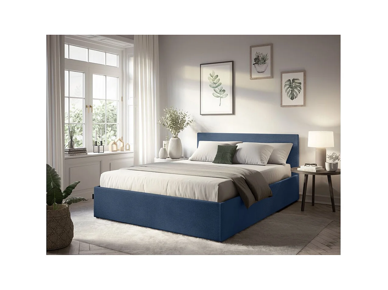 Cadre de lit EDGAR avec coffre de rangement et tête de lit en velours côtelé bleu foncé - couchage 140x190cm