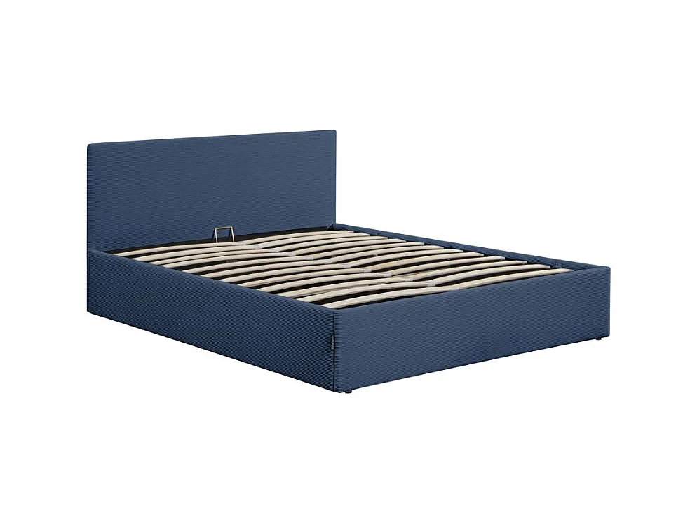 Cadre de lit EDGAR avec coffre de rangement et tête de lit en velours côtelé bleu foncé - couchage 140x190cm