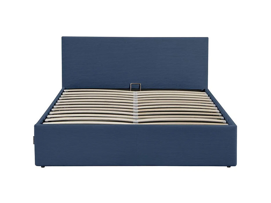 Cadre de lit EDGAR avec coffre de rangement et tête de lit en velours côtelé bleu foncé - couchage 140x190cm
