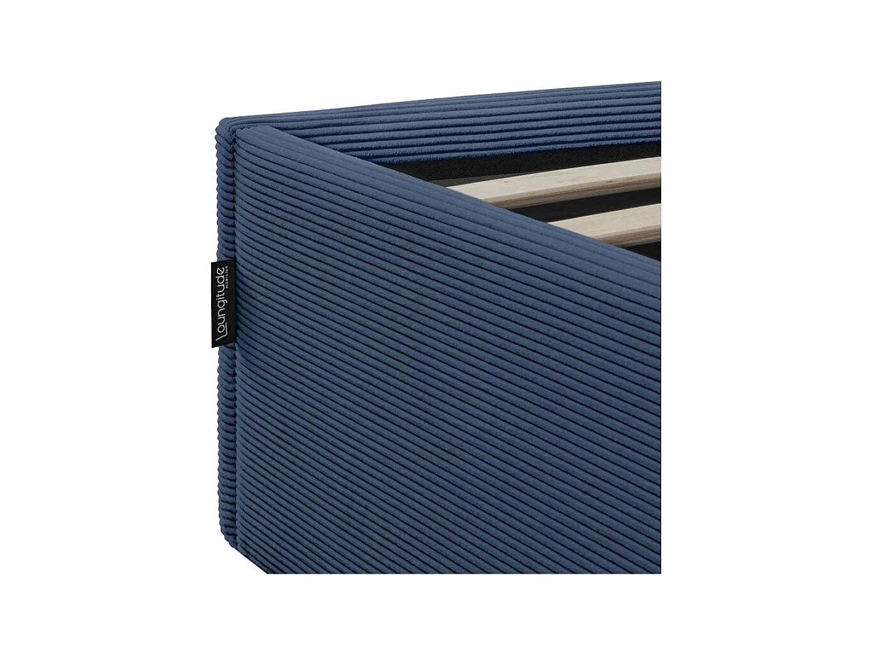 Cadre de lit EDGAR avec coffre de rangement et tête de lit en velours côtelé bleu foncé - couchage 140x190cm