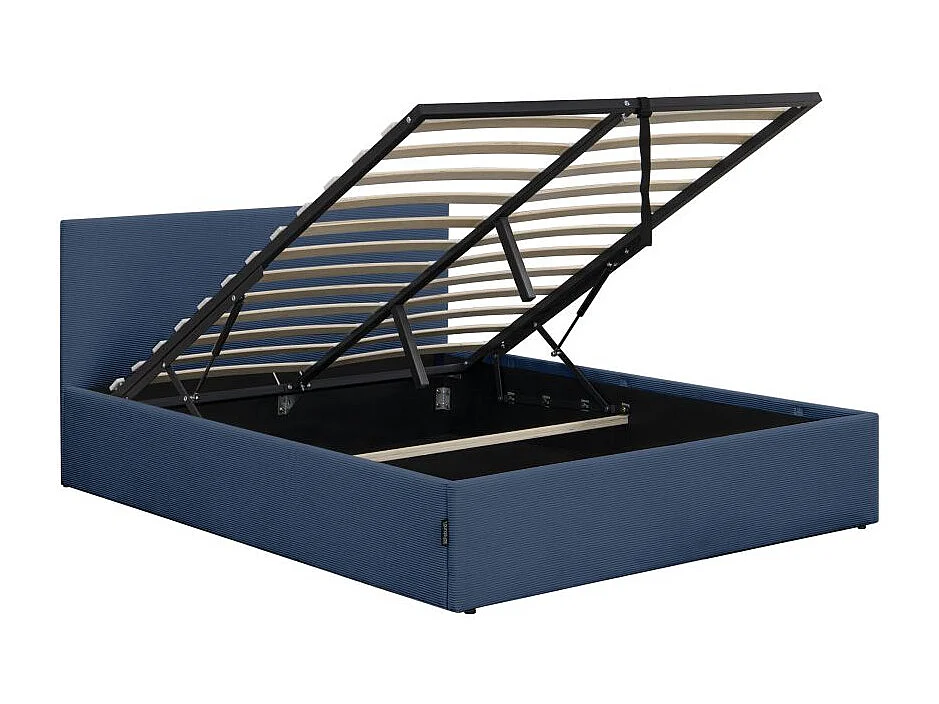 Cadre de lit EDGAR avec coffre de rangement et tête de lit en velours côtelé bleu foncé - couchage 140x190cm