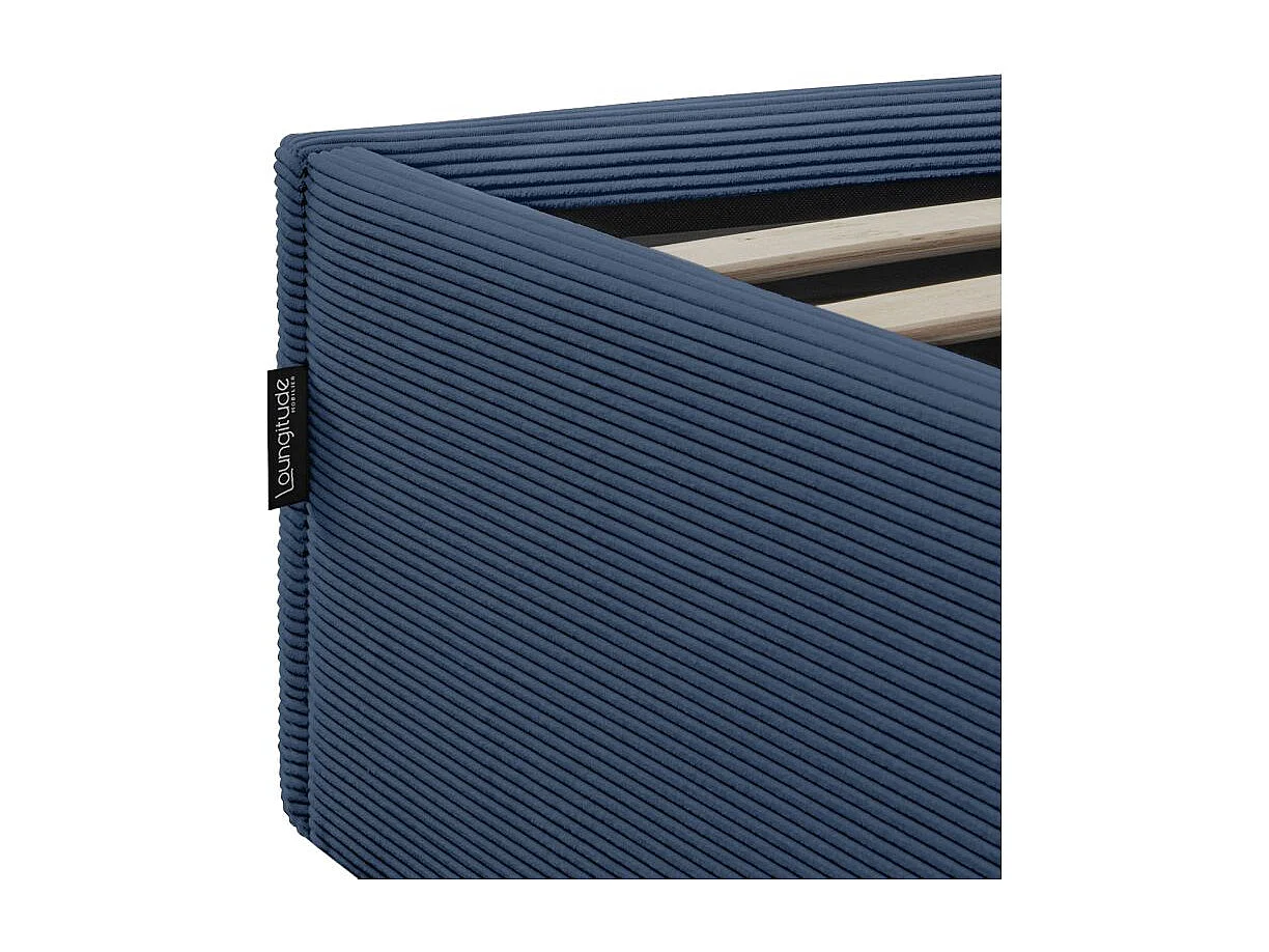 Cadre de lit EDGAR avec coffre de rangement et tête de lit en velours côtelé bleu foncé - couchage 140x190cm