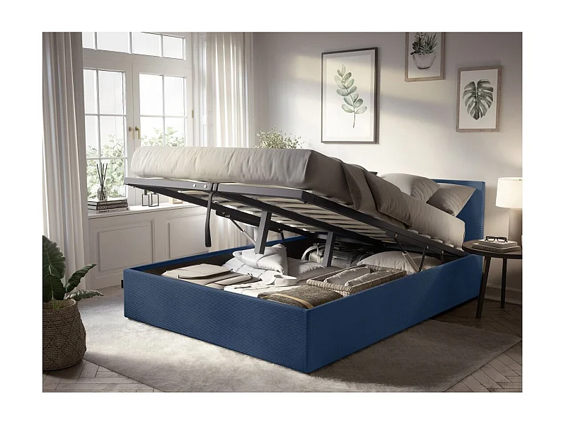 Cadre de lit EDGAR avec coffre de rangement et tête de lit en velours côtelé bleu foncé - couchage 140x190cm
