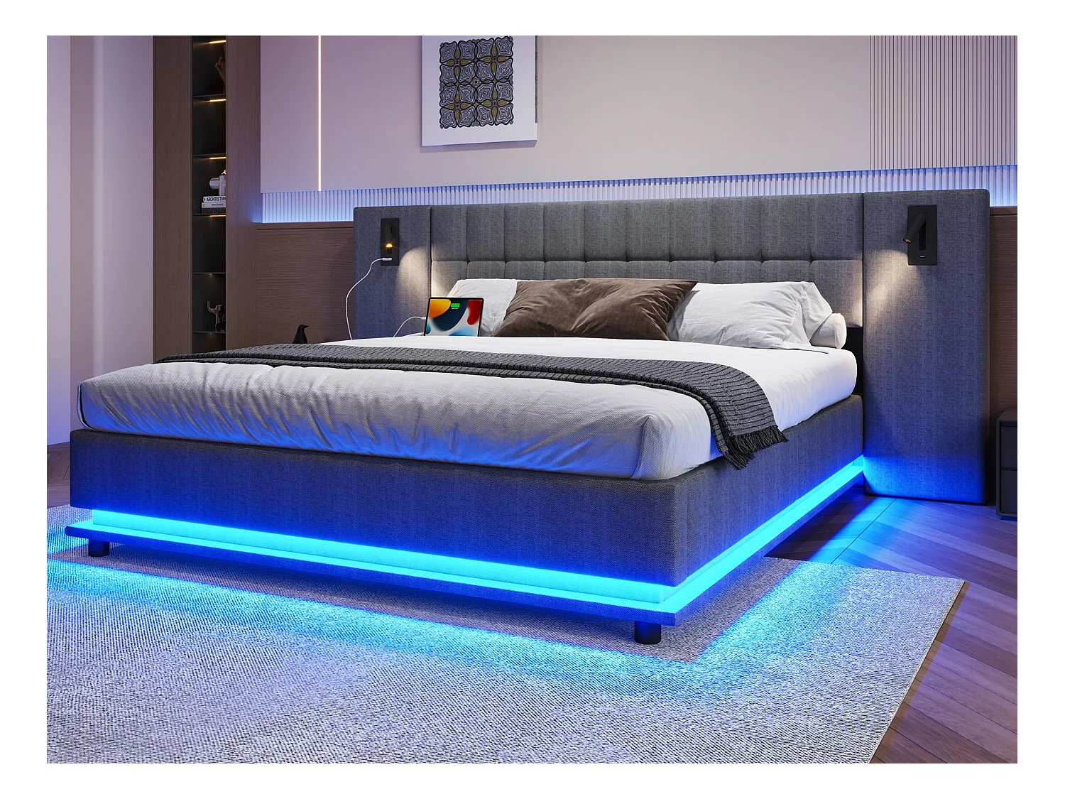 Cama de casal estofada 180×200 cm - com fita LED - cabeceira com spots - com porta USB - linho - cinza (sem colchão)