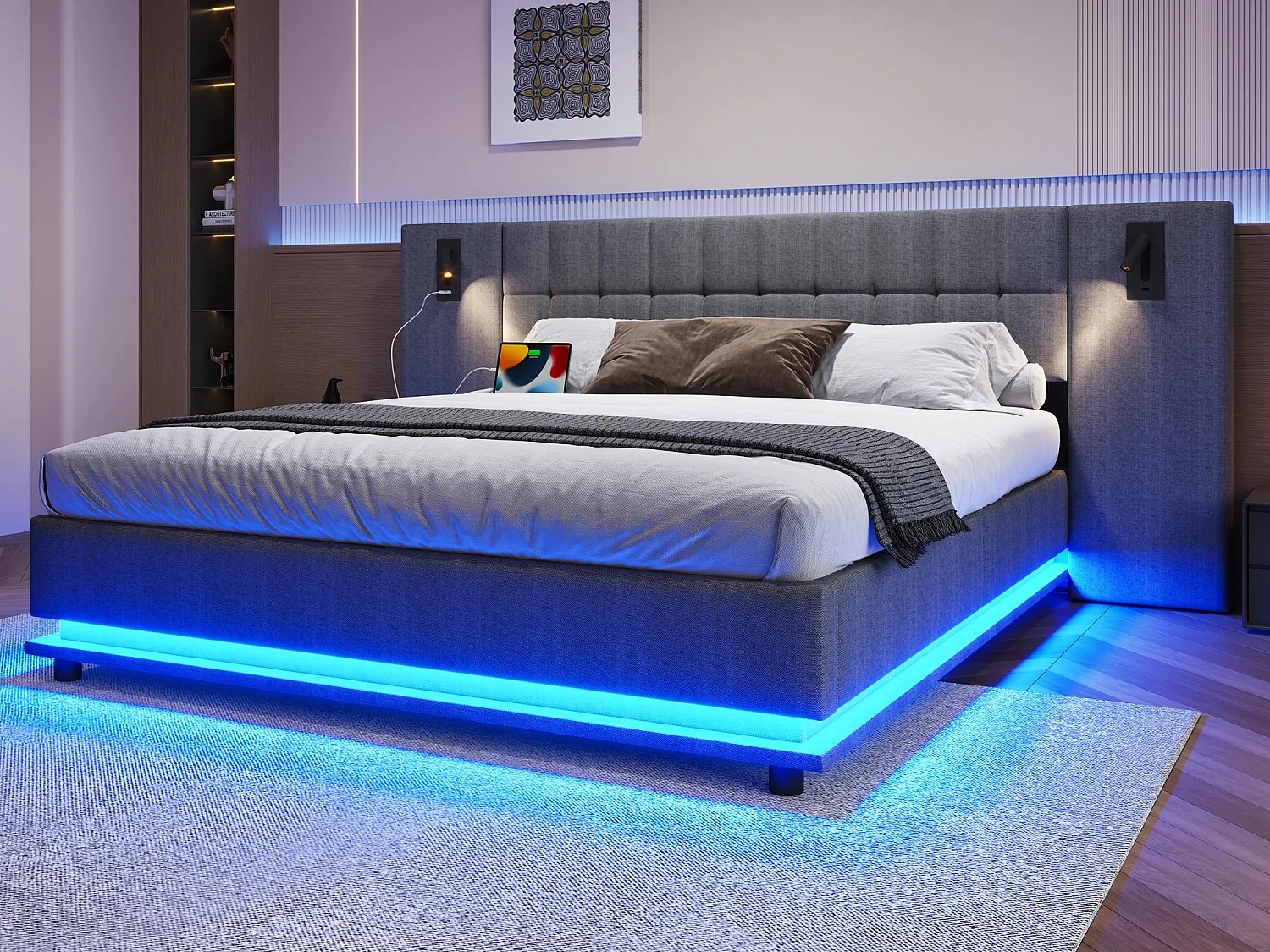 Gepolstertes Doppelbett 180×200 cm - mit LED-Lichtleiste - Kopfteil mit Spots - mit USB-Anschluss - Leinen - grau (ohne Matratze)