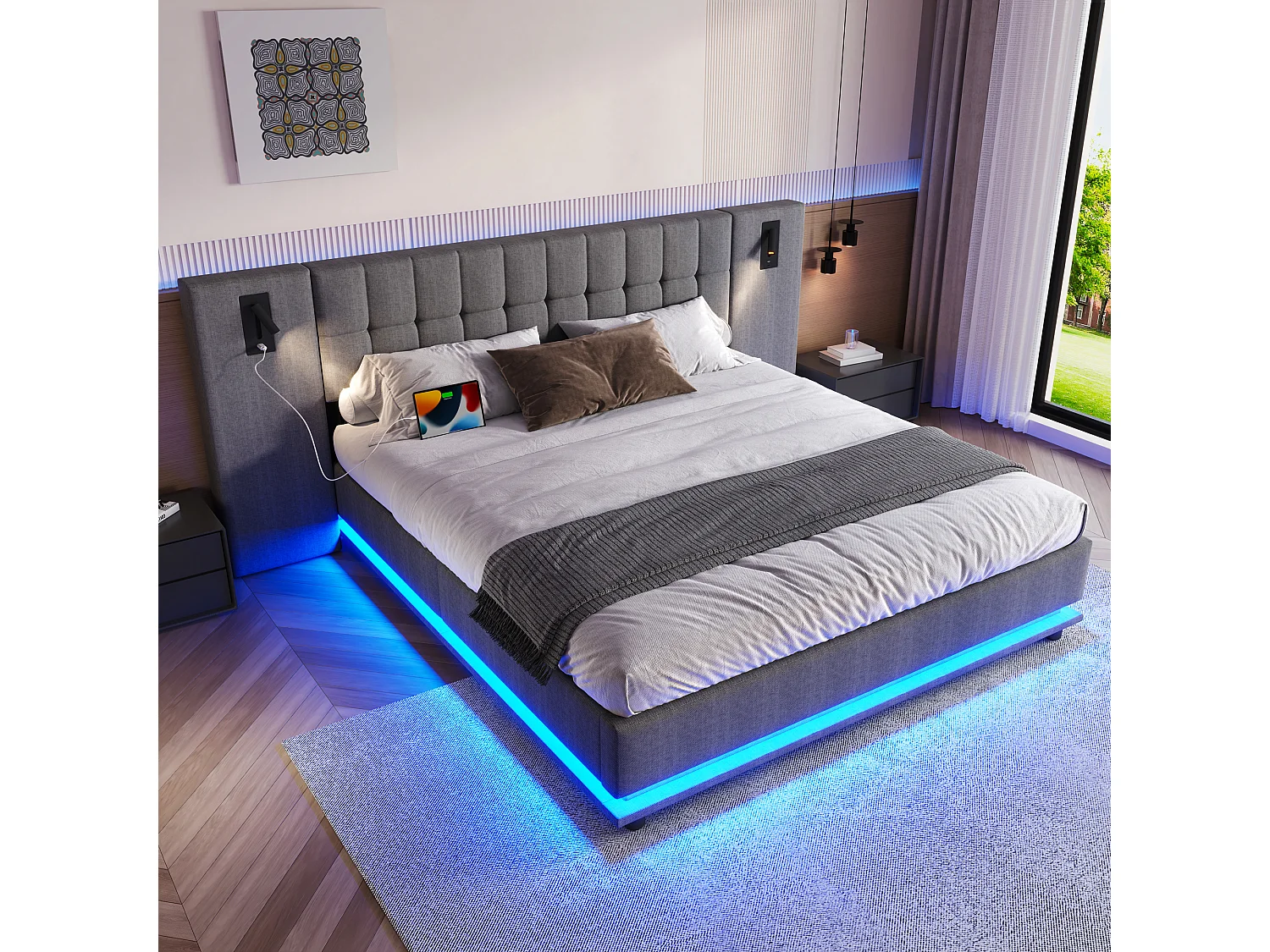 Gepolstertes Doppelbett 180×200 cm - mit LED-Lichtleiste - Kopfteil mit Spots - mit USB-Anschluss - Leinen - grau (ohne Matratze)
