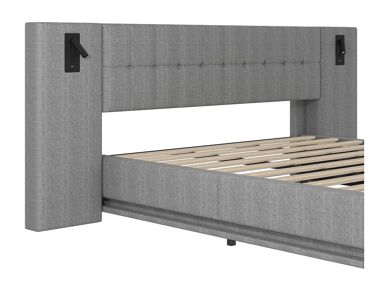 Gepolstertes Doppelbett 180×200 cm - mit LED-Lichtleiste - Kopfteil mit Spots - mit USB-Anschluss - Leinen - grau (ohne Matratze)