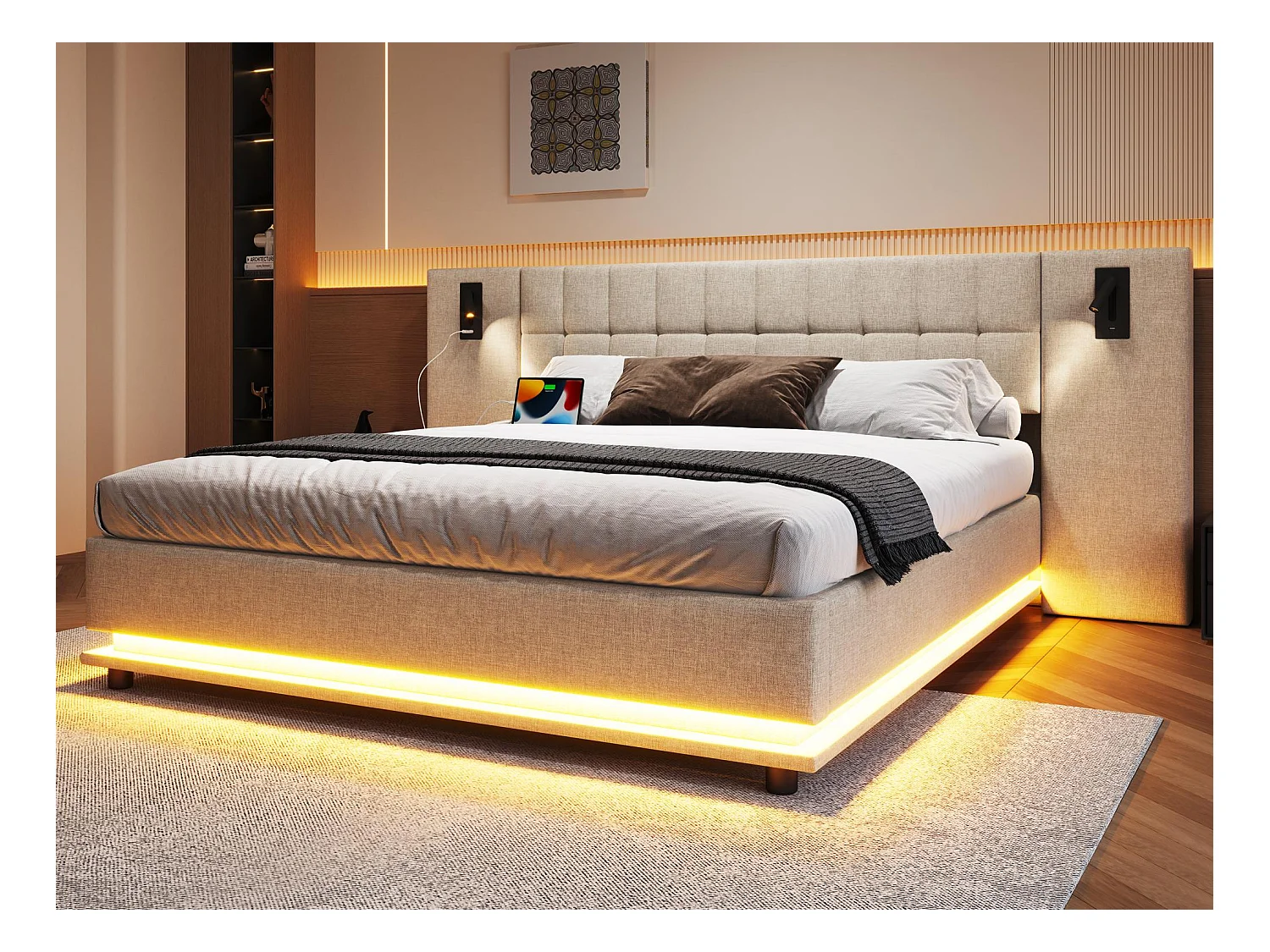 Lit double rembourré 180x200 cm - avec bande lumineuse LED - tête de lit avec spot - avec port USB - lin - beige (sans matelas)