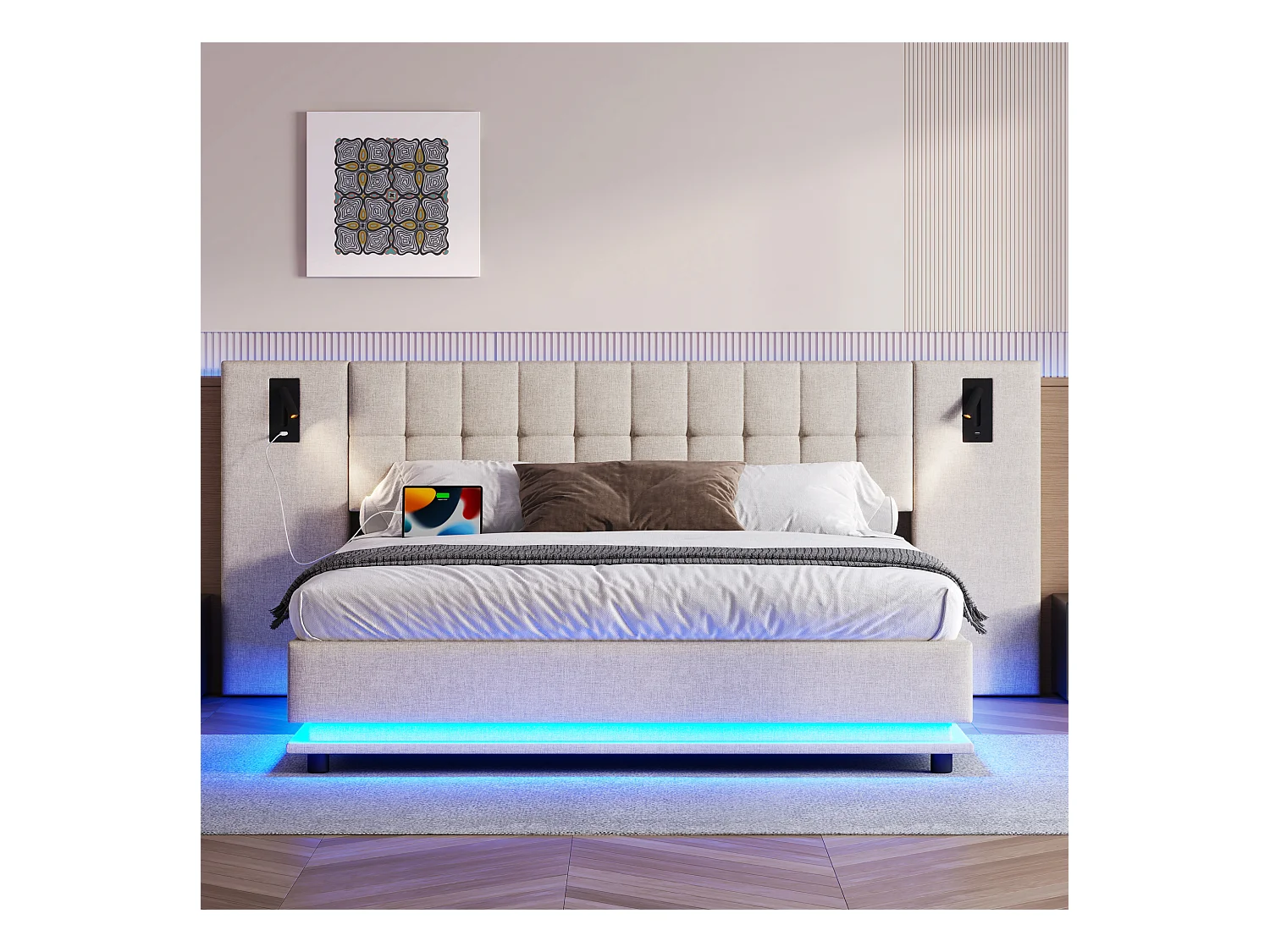 Lit double rembourré 180x200 cm - avec bande lumineuse LED - tête de lit avec spot - avec port USB - lin - beige (sans matelas)