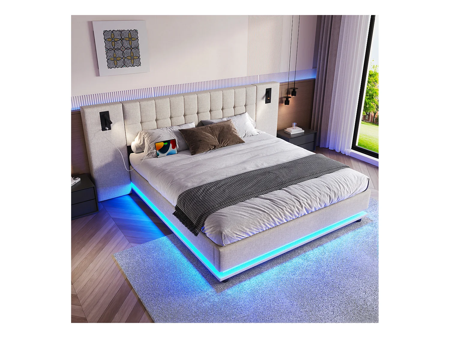 Lit double rembourré 180x200 cm - avec bande lumineuse LED - tête de lit avec spot - avec port USB - lin - beige (sans matelas)