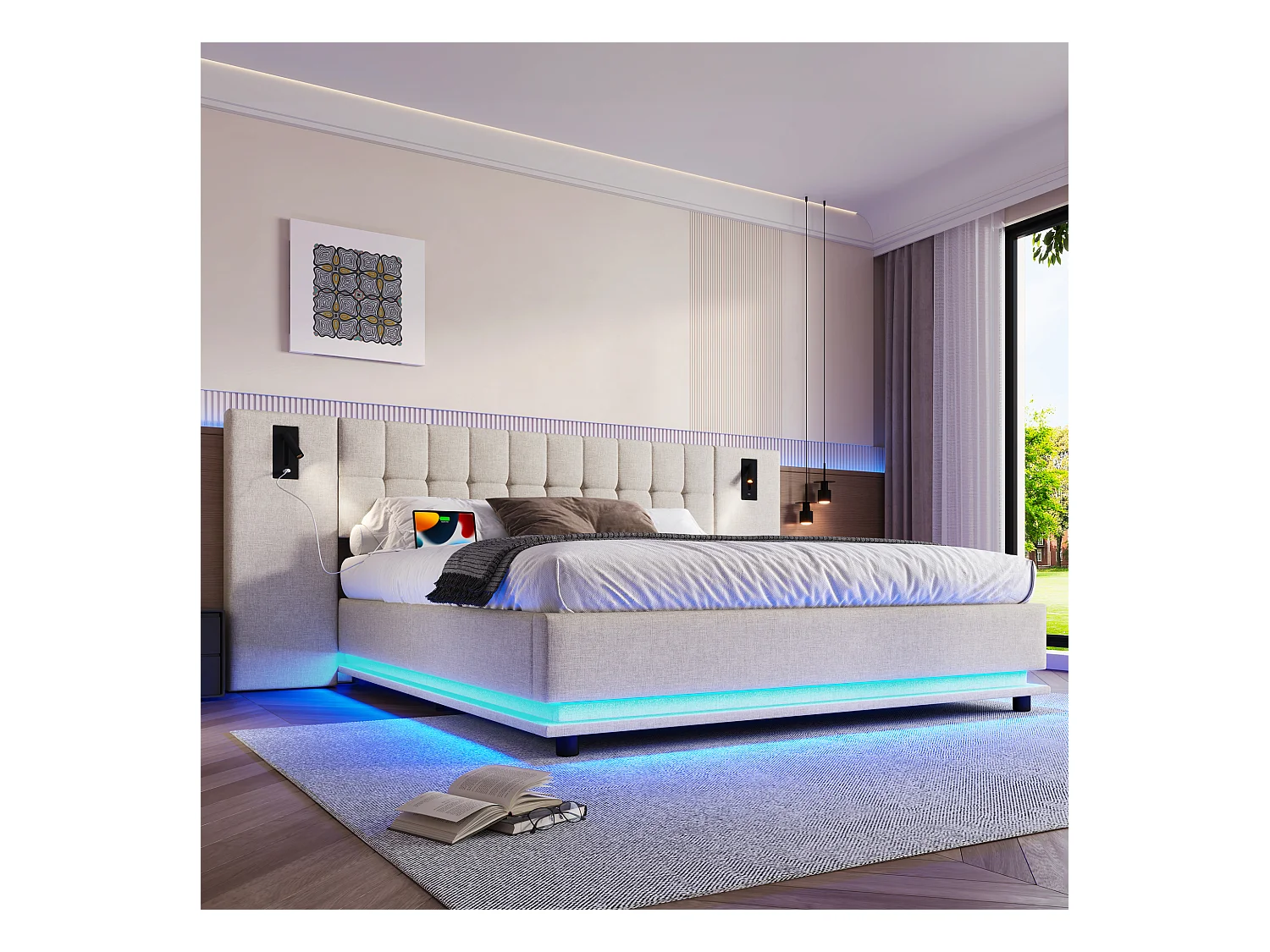 Lit double rembourré 180x200 cm - avec bande lumineuse LED - tête de lit avec spot - avec port USB - lin - beige (sans matelas)