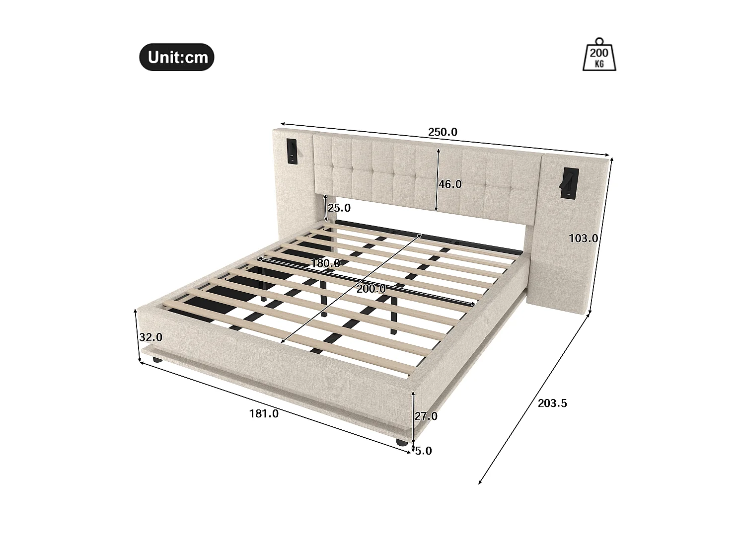 Lit double rembourré 180x200 cm - avec bande lumineuse LED - tête de lit avec spot - avec port USB - lin - beige (sans matelas)