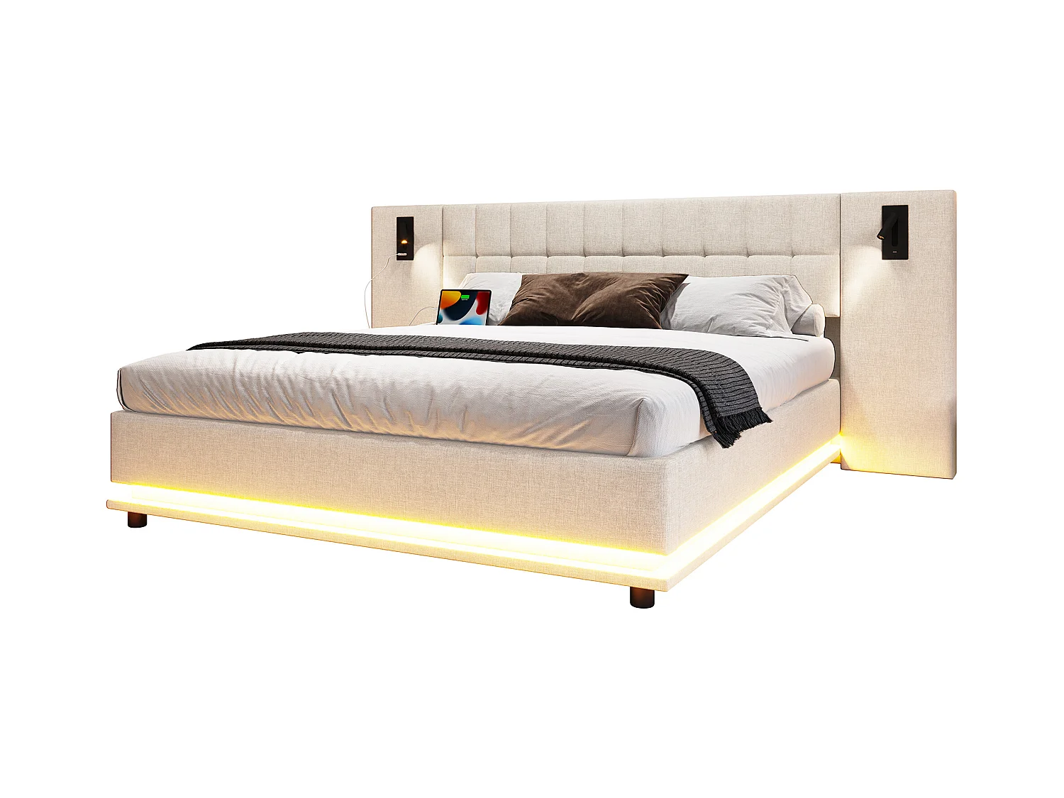 Lit double rembourré 180x200 cm - avec bande lumineuse LED - tête de lit avec spot - avec port USB - lin - beige (sans matelas)