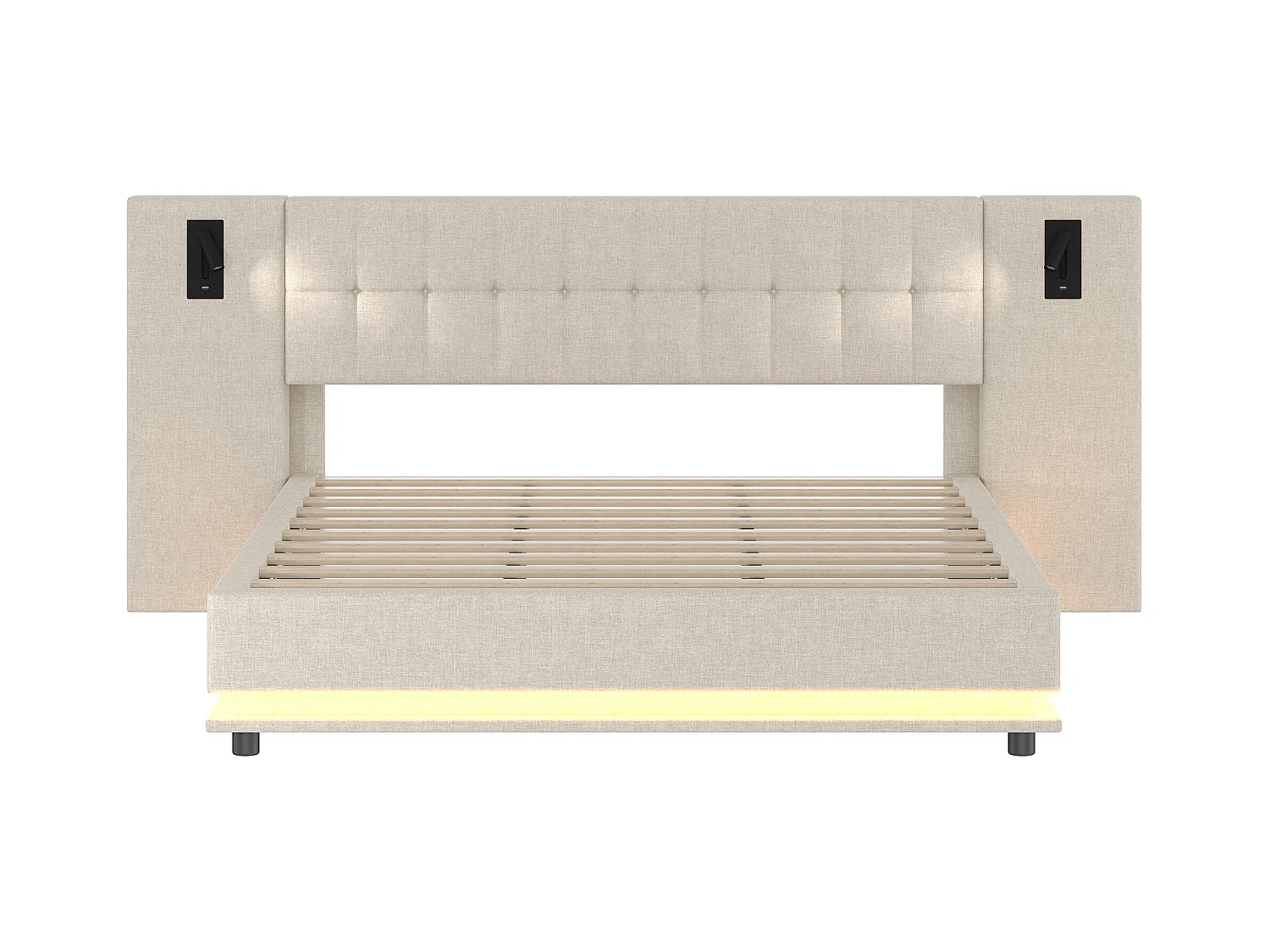 Lit double rembourré 180x200 cm - avec bande lumineuse LED - tête de lit avec spot - avec port USB - lin - beige (sans matelas)