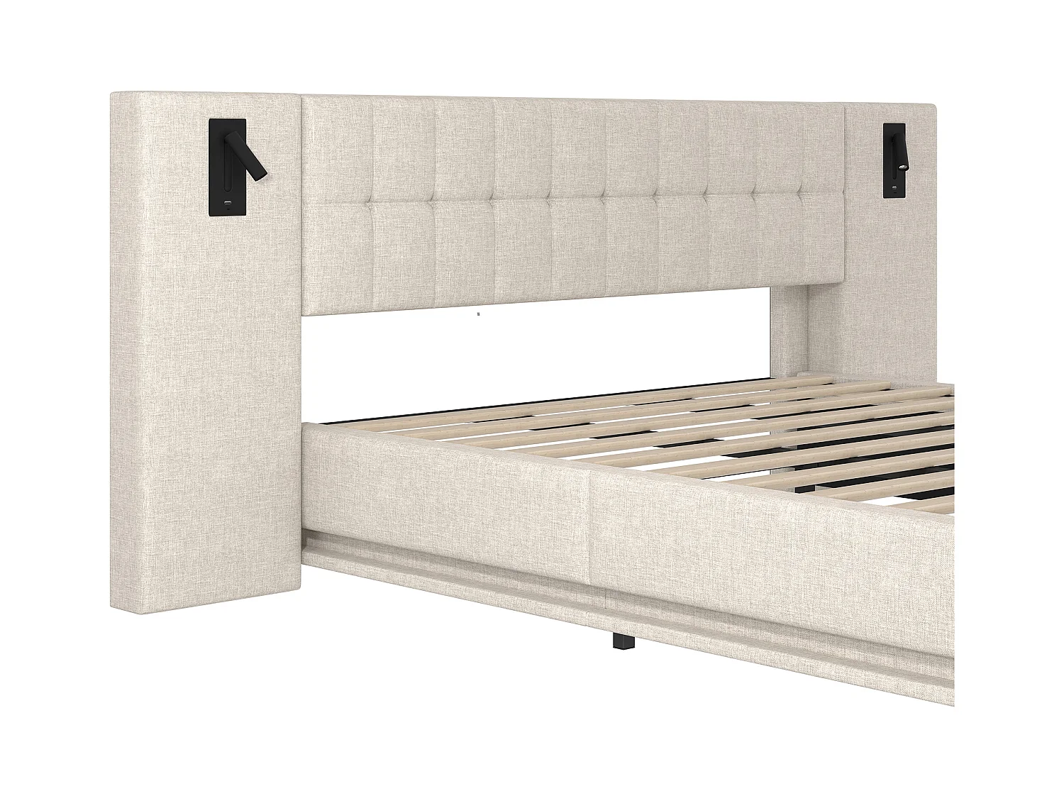 Lit double rembourré 180x200 cm - avec bande lumineuse LED - tête de lit avec spot - avec port USB - lin - beige (sans matelas)