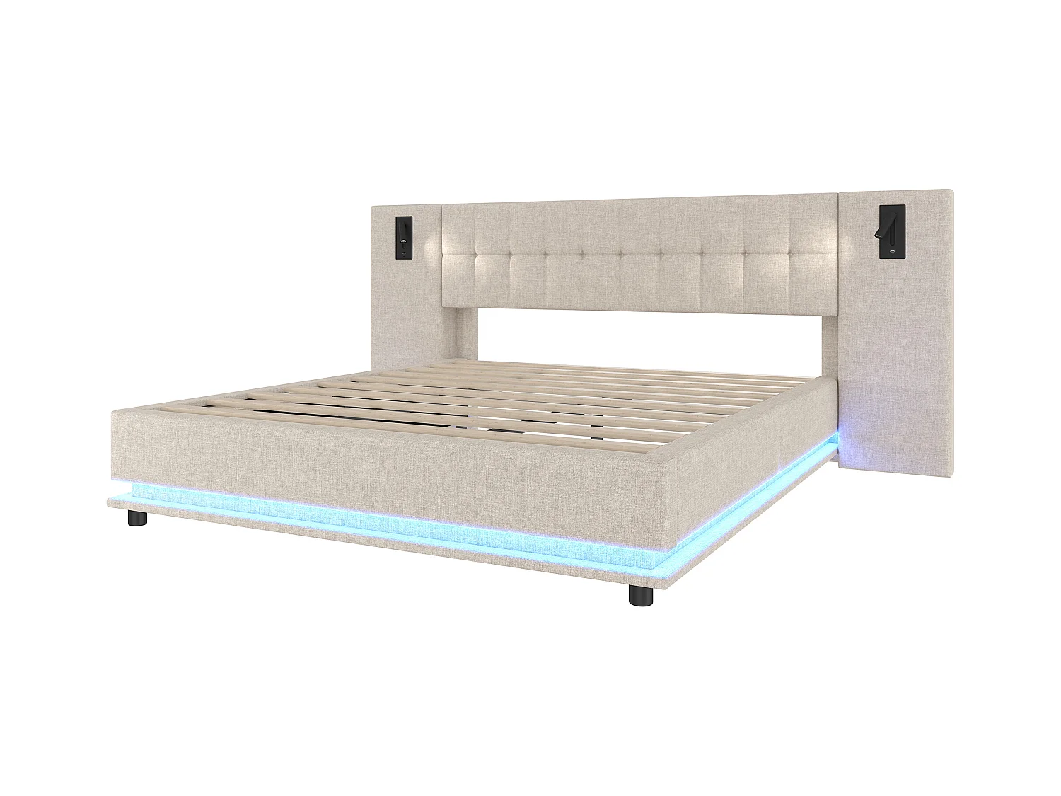 Lit double rembourré 180x200 cm - avec bande lumineuse LED - tête de lit avec spot - avec port USB - lin - beige (sans matelas)