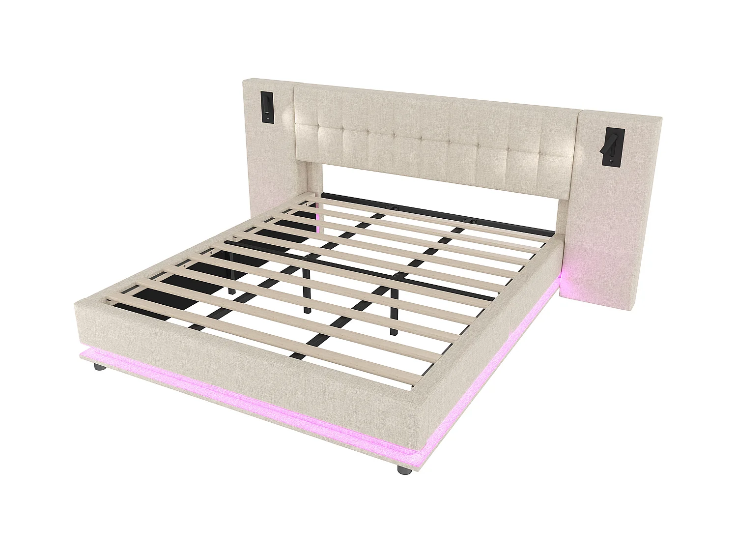 Lit double rembourré 180x200 cm - avec bande lumineuse LED - tête de lit avec spot - avec port USB - lin - beige (sans matelas)