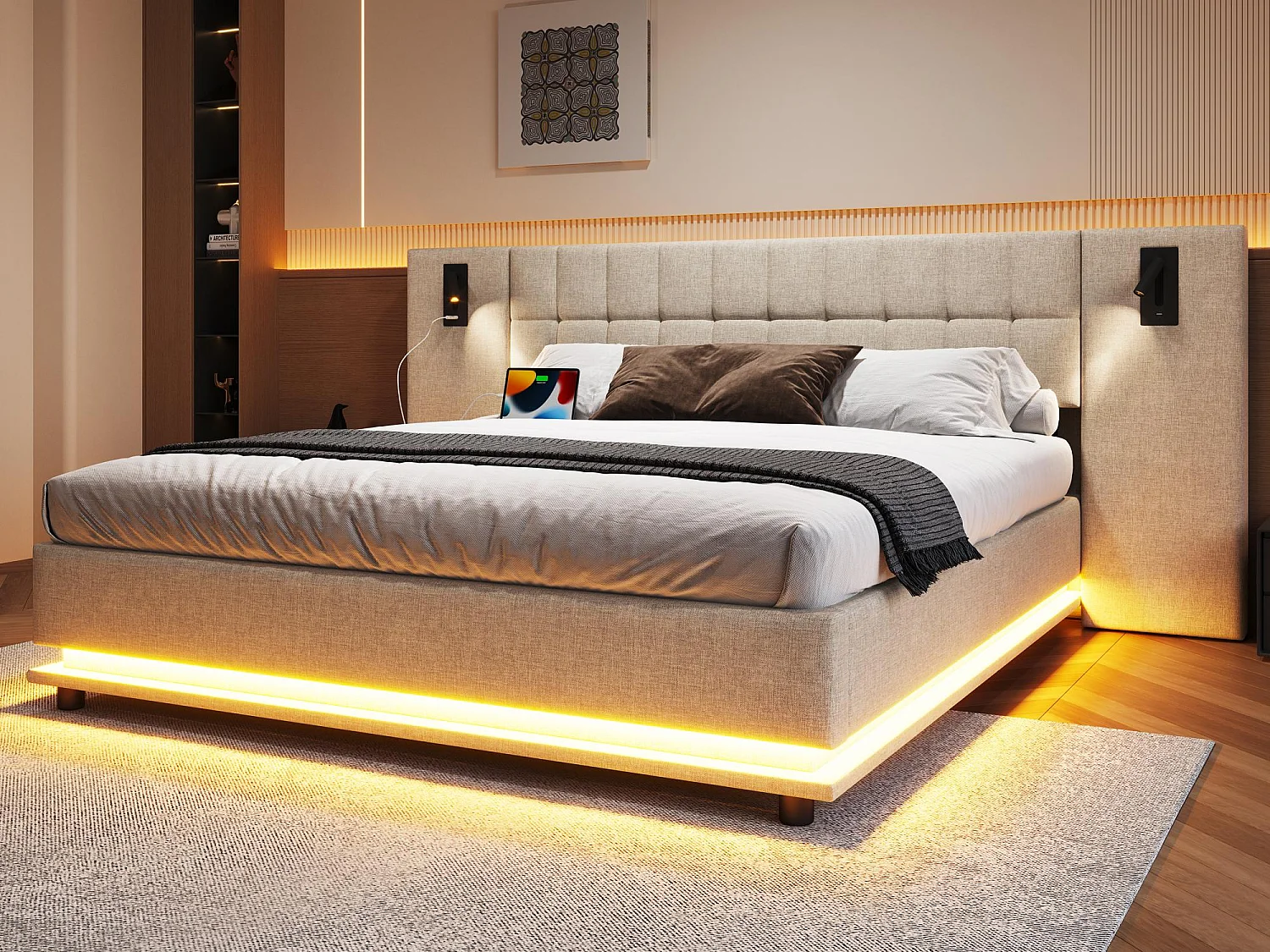 Lit double rembourré 180x200 cm - avec bande lumineuse LED - tête de lit avec spot - avec port USB - lin - beige (sans matelas)