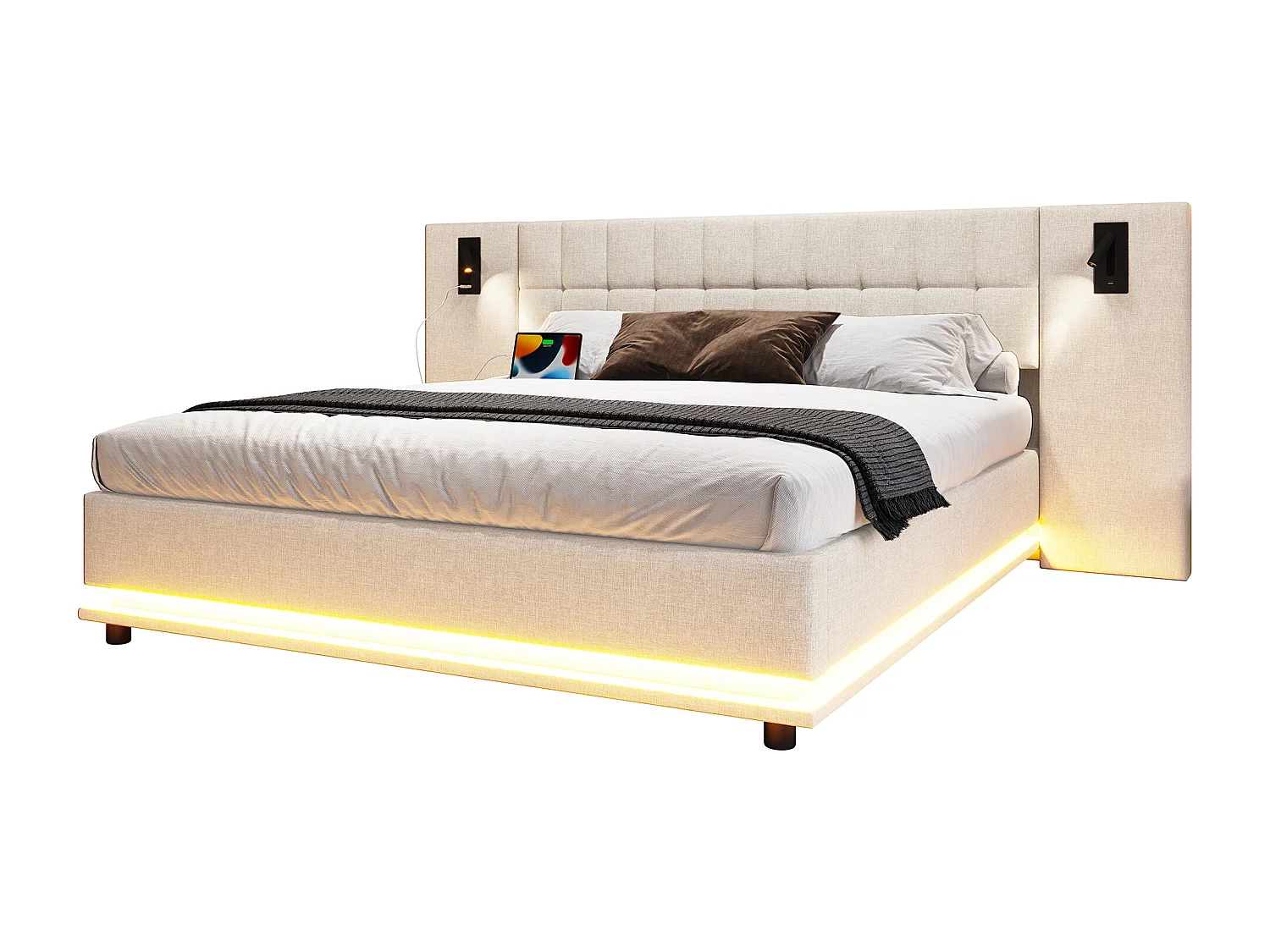 Lit double rembourré 180x200 cm - avec bande lumineuse LED - tête de lit avec spot - avec port USB - lin - beige (sans matelas)