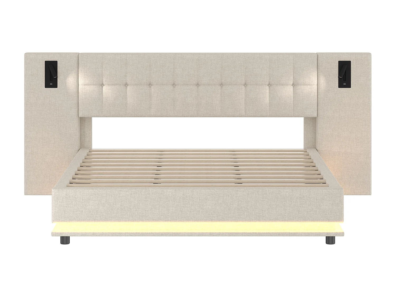 Lit double rembourré 180x200 cm - avec bande lumineuse LED - tête de lit avec spot - avec port USB - lin - beige (sans matelas)