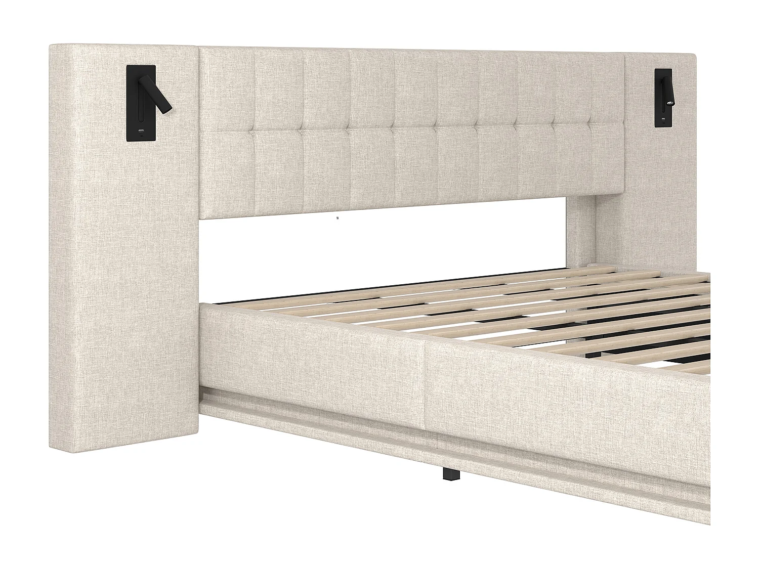 Lit double rembourré 180x200 cm - avec bande lumineuse LED - tête de lit avec spot - avec port USB - lin - beige (sans matelas)