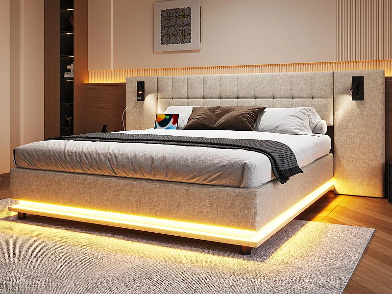 Gepolstertes Doppelbett 180×200 cm - mit LED-Lichtleiste - Kopfteil mit Spots - mit USB-Anschluss - Leinen - beige (ohne Matratze)