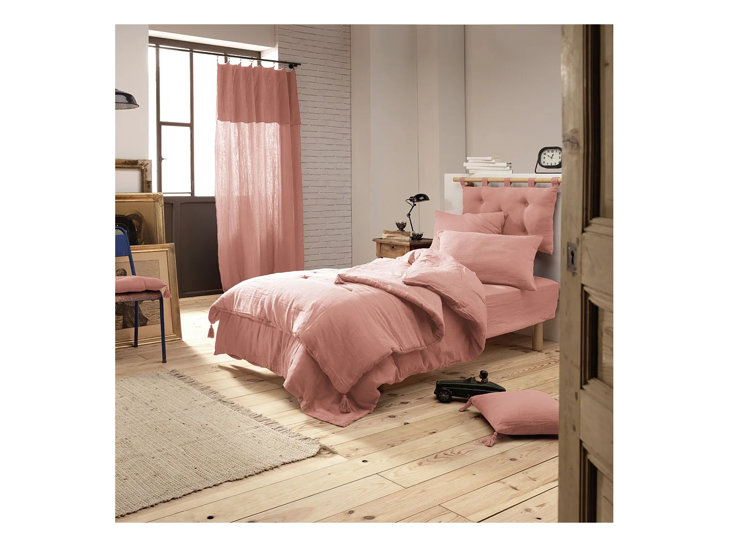 Parure de lit 140x200 double gaze de coton rose pêche Terre de Nuit