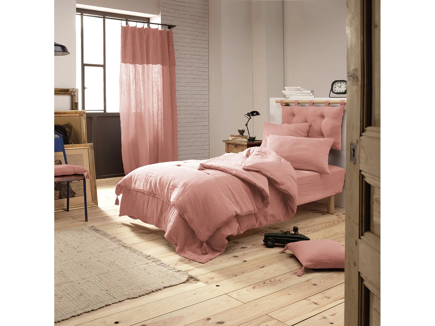 Parure de lit 140x200 double gaze de coton rose pêche Terre de Nuit