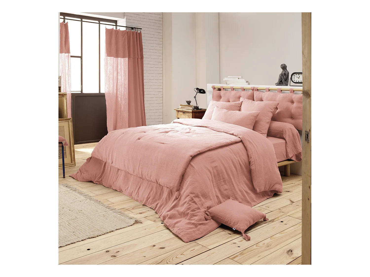 Parure de lit 240x220 double gaze de coton rose pêche Terre de Nuit