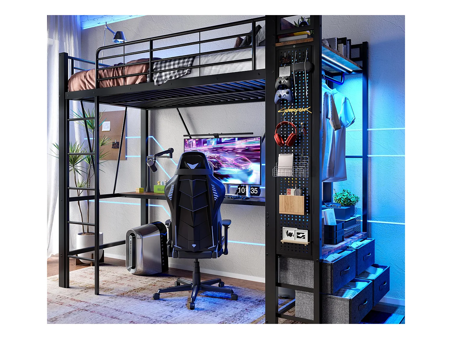 Cama mezanino 90×200 cm - com escrivaninha + varal de roupa - 4 gavetas - portas USB + TYPE-C - fita de LED - preto