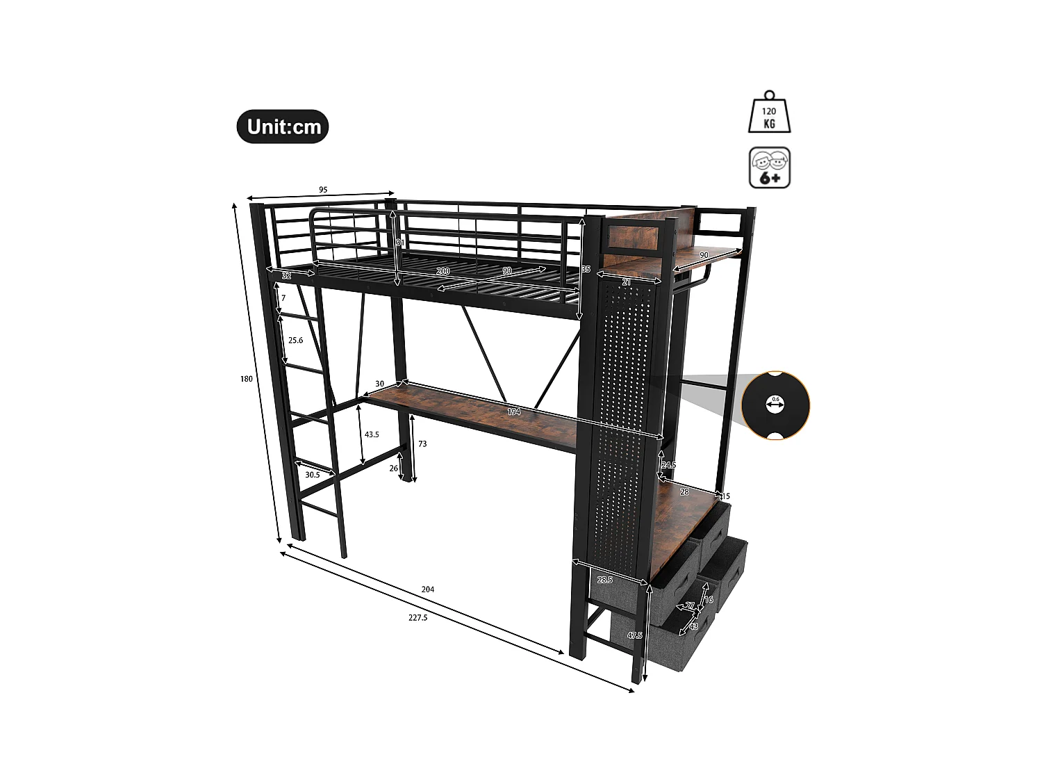 Cama mezanino 90×200 cm - com escrivaninha + varal de roupa - 4 gavetas - portas USB + TYPE-C - fita de LED - preto