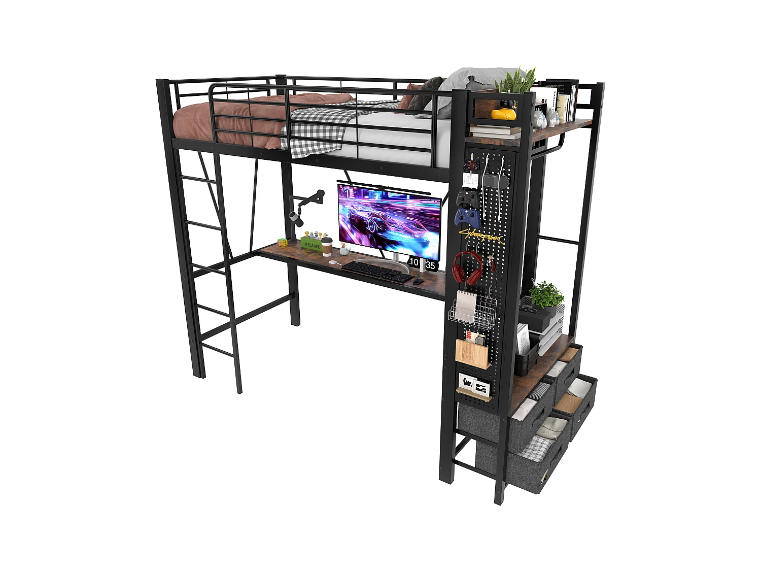 Cama mezanino 90×200 cm - com escrivaninha + varal de roupa - 4 gavetas - portas USB + TYPE-C - fita de LED - preto