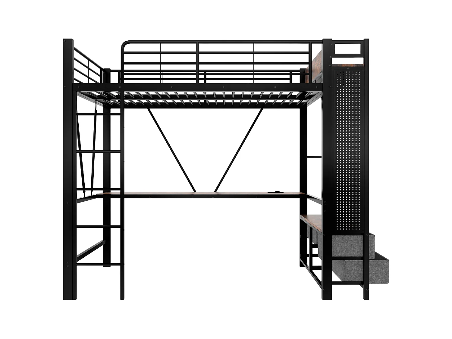 Łóżko piętrowe 90×200 cm - z biurkiem + suszarką na ubrania - 4 szuflady - porty USB + TYPE-C - taśma LED - czarne