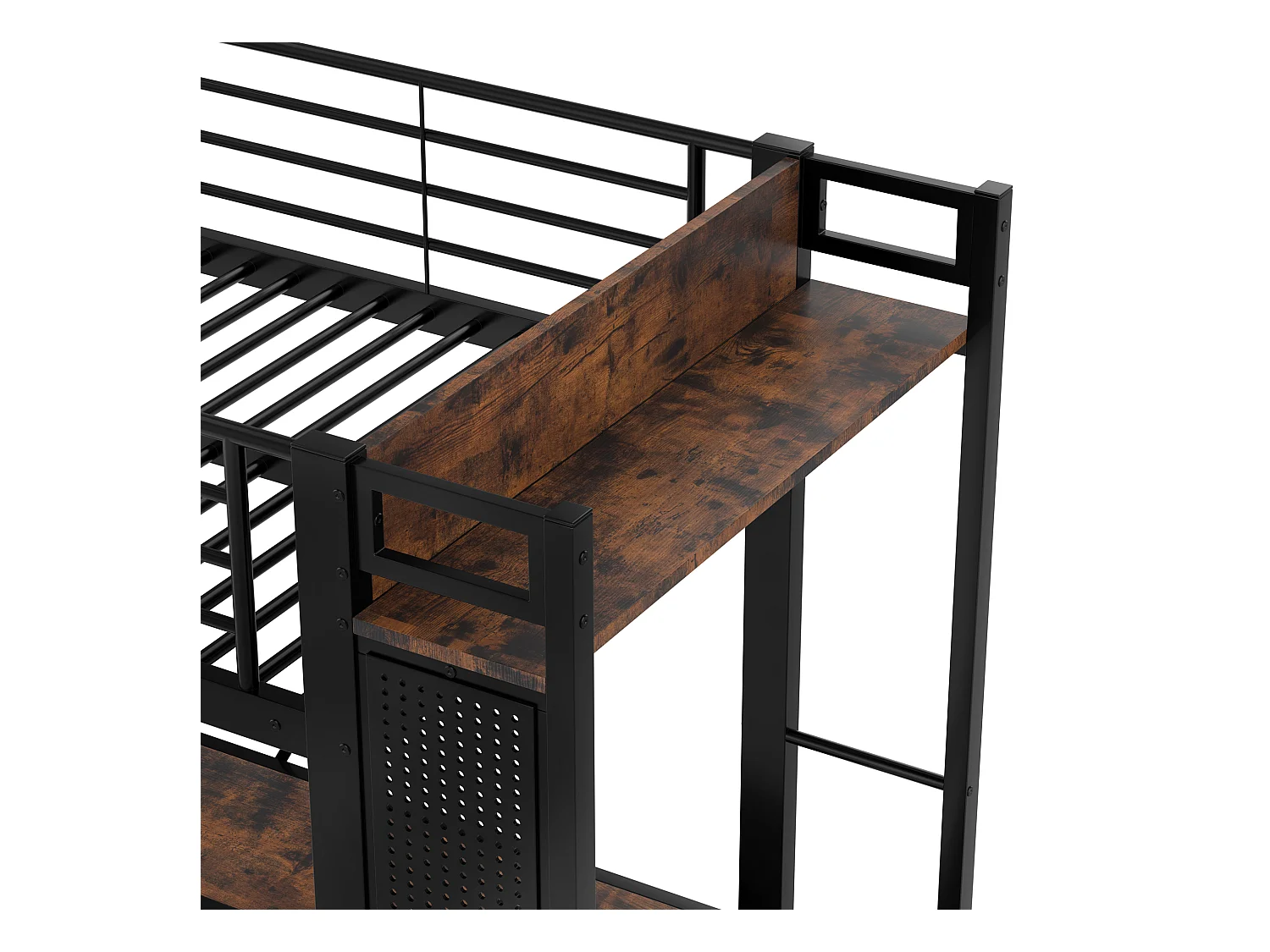 Cama mezanino 90×200 cm - com escrivaninha + varal de roupa - 4 gavetas - portas USB + TYPE-C - fita de LED - preto