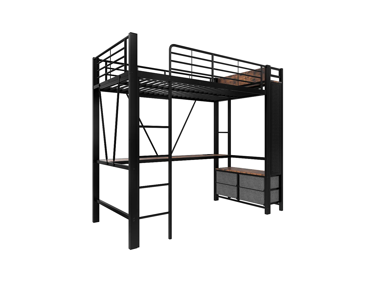 Cama mezanino 90×200 cm - com escrivaninha + varal de roupa - 4 gavetas - portas USB + TYPE-C - fita de LED - preto