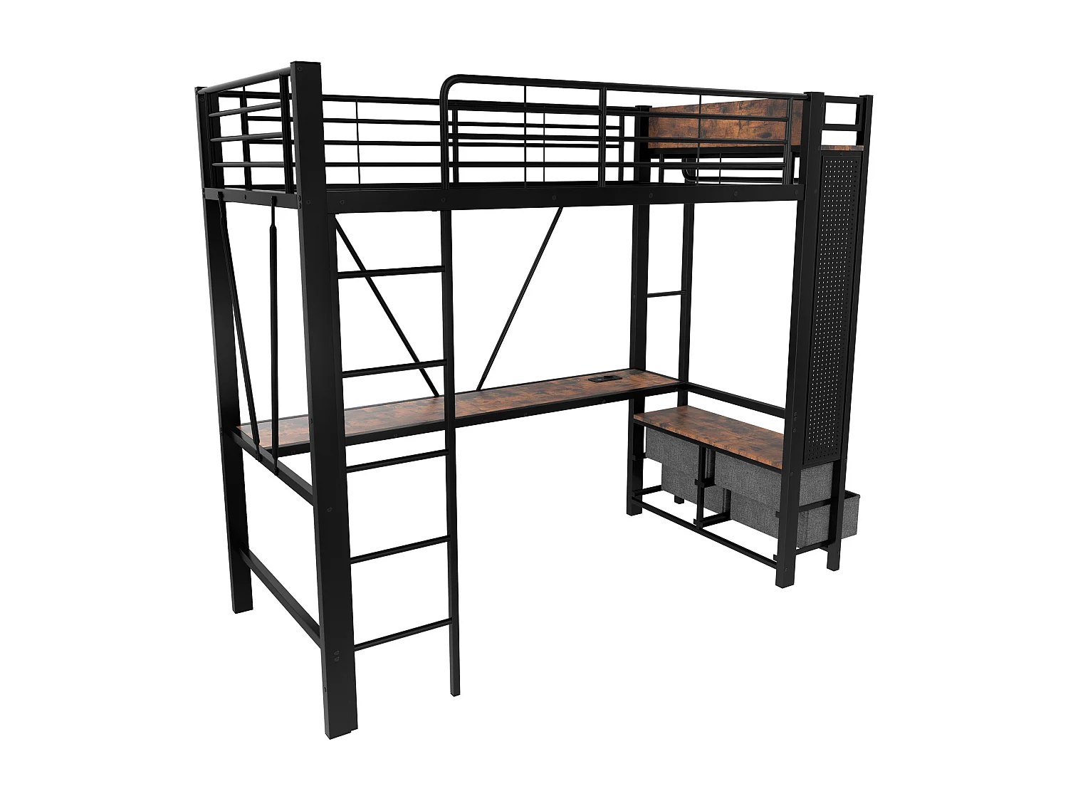 Lit mezzanine 90x200 cm - avec bureau + étendoir à linge - 4 tiroirs - prises USB + TYPE-C - bande lumineuse LED - noir